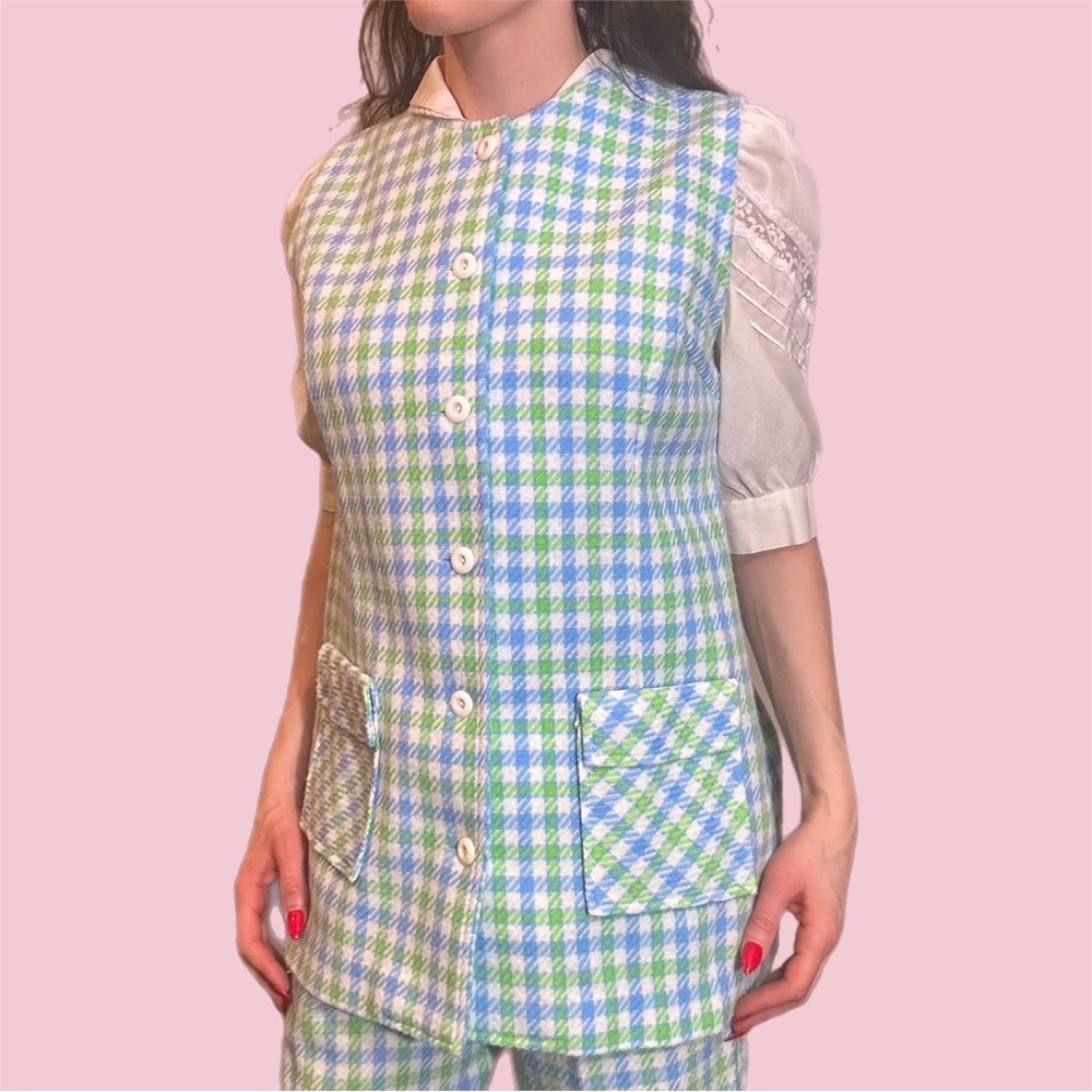 Rare Vintage 1970's MOD green/blue houndstooth two-piece suit - Picture 7 of 16